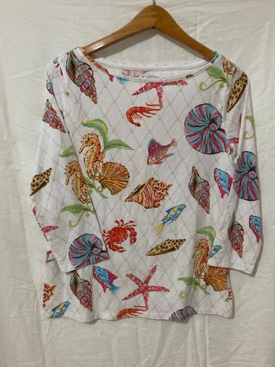 Talbots Tops - Talbots Women M Tee Shirt Sealife Print Summer Beach Cotton White Colorful